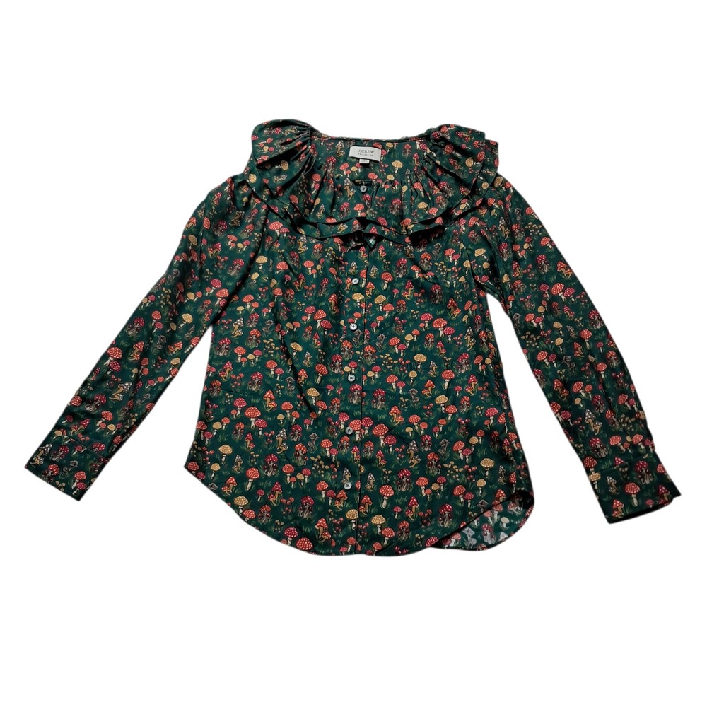 J. Crew Collection Blouse Womens XXS Green Mushroom Ruffle Silk Twill Novelty
